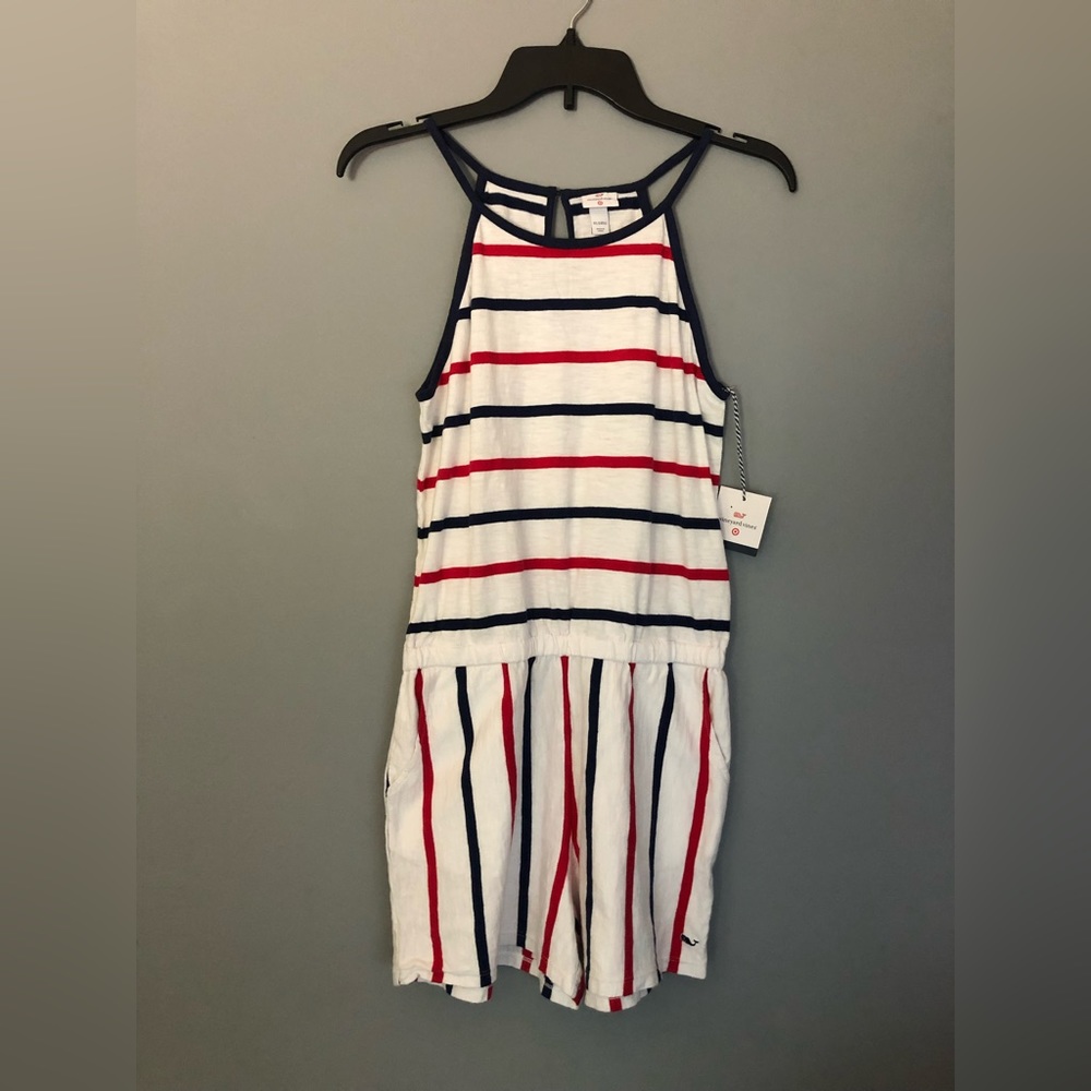 Vineyard Vines White Tank Romper with Red White & Blue Stripes